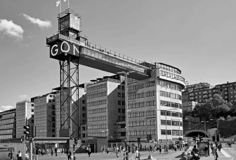 The Katarina lift and Gondolen building at Slussen, Stockholm, in black and white